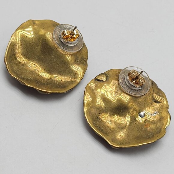 Vintage Brass Abstract Clip-On Earrings Textured Design Gold-Tone Backing - Picture 4 of 6